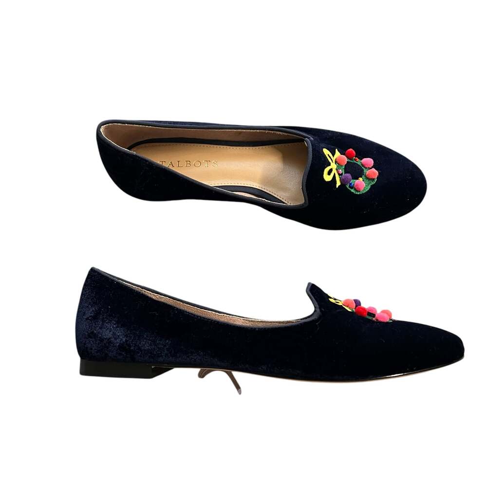 Talbots Velvet Navy Blue Holiday Ballet Flats Wreath Pom Pom Women's Size 7 NEW